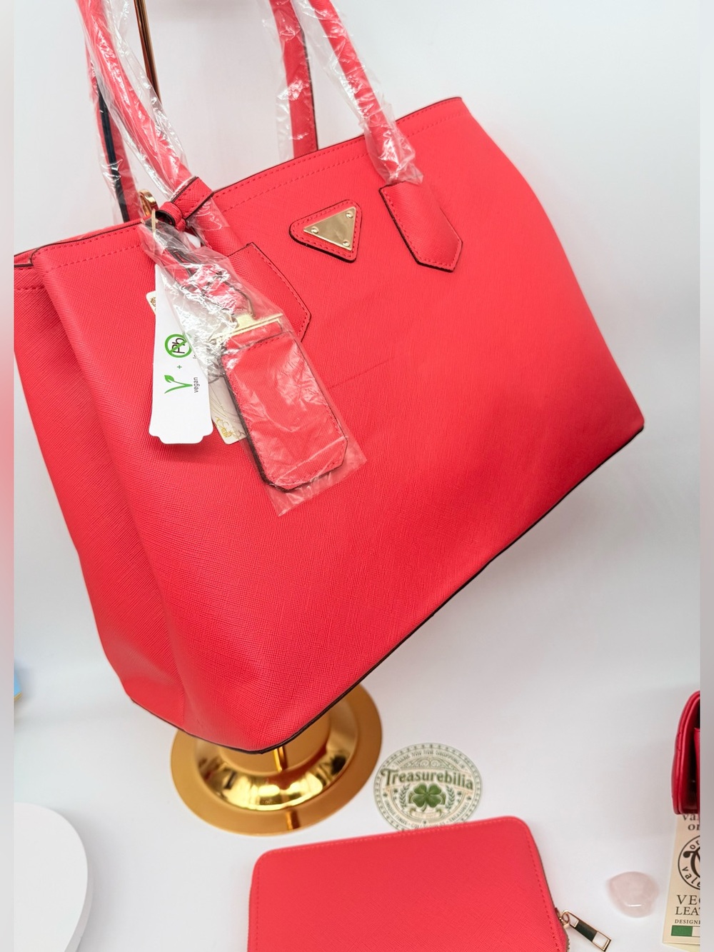 NWT Elegant Women's Sturdy Tote Bag with crossbody- Peach coral and wallet